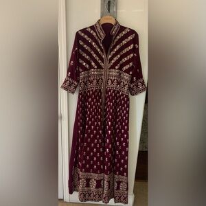 Embroidered Maroon Kaftan Dress with Gold Accents